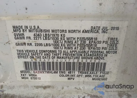 2015 Mitsubishi Outlander Sport Es from USA, damaged, VIN 4A4AP3AUXFE044482